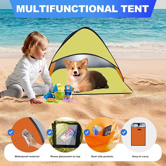 Beach Tent for Dog Pet Shade Pop Up Portable Mini Head Sun Shelters Canopy for Camping Outdoor Hiking Picnic Windproof Waterproof with Tent Nails Phone Stand for Puppy Cat Small Animals(Yellow orange)