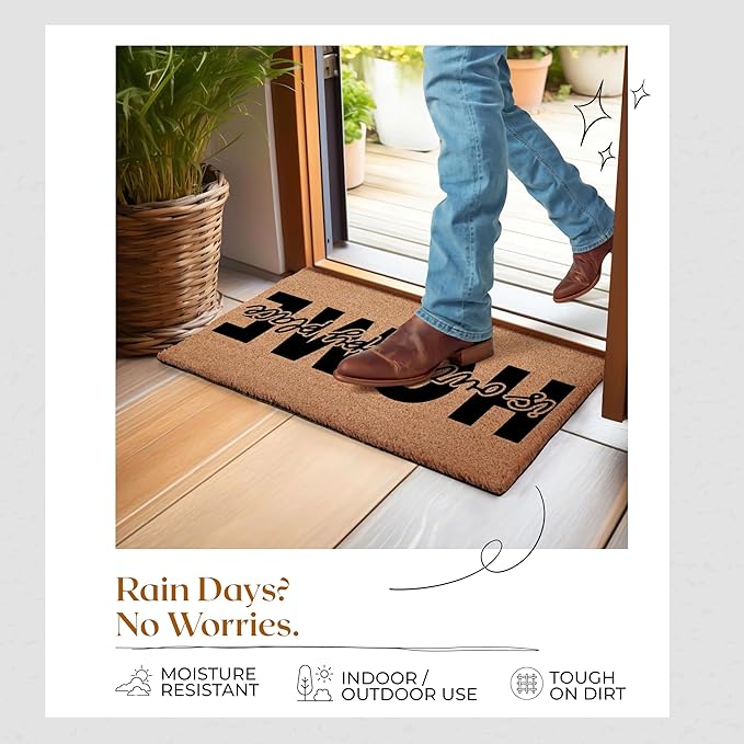 COCONIQ Coir Door Mats 17" X 30", Non-Slip Sturdy, PVC Backed Heavy Duty, Easy to Clean, Ideal for Door Entrance, Patio, Porch, Backyard, Garages, Home is Our Happy Place
