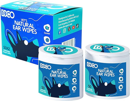 DOCO Dog Ear Cleaner Wipes Finger Cleaning Kit for Dogs & Cats Eucalyptus, Chamomile & Aloe Cat Ear Cleaner Soothes, Deodorizes & Helps Itchy Ears – 100 Count