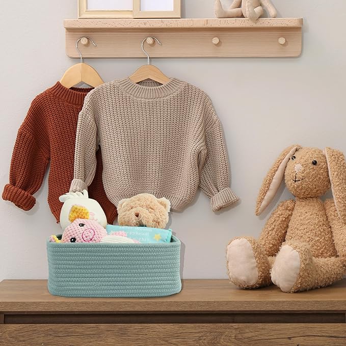 XUANGUO Small Woven Storage Baskets 13“X9”X5“ Decorative Rope Bins for Organizing Shelves, Closets, and Toys, Empty Gift Baskets, Cute Organizer Basket for Home and Office (green, Large)
