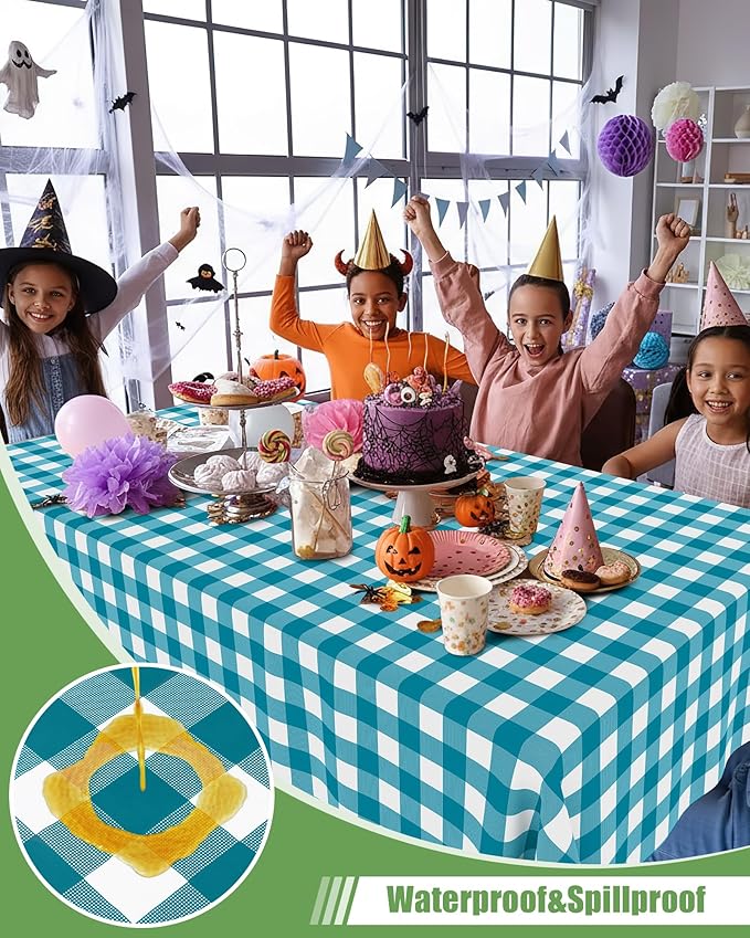 Smiry 8 Packs Gingham Disposable Table Cloth, 54 x 108 Inch Waterproof Plastic Tablecloth, Rectangle Turquoise and White Checkered Table Covers for Picnic, Birthday, Party