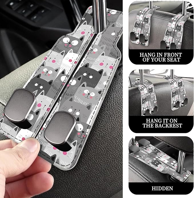 PU Leather Car Seat Hook, Storage Headrest Hanger, Cute Car Backseat Organizer, Car Hooks For Purses and Bags Grey Cartoon Cats