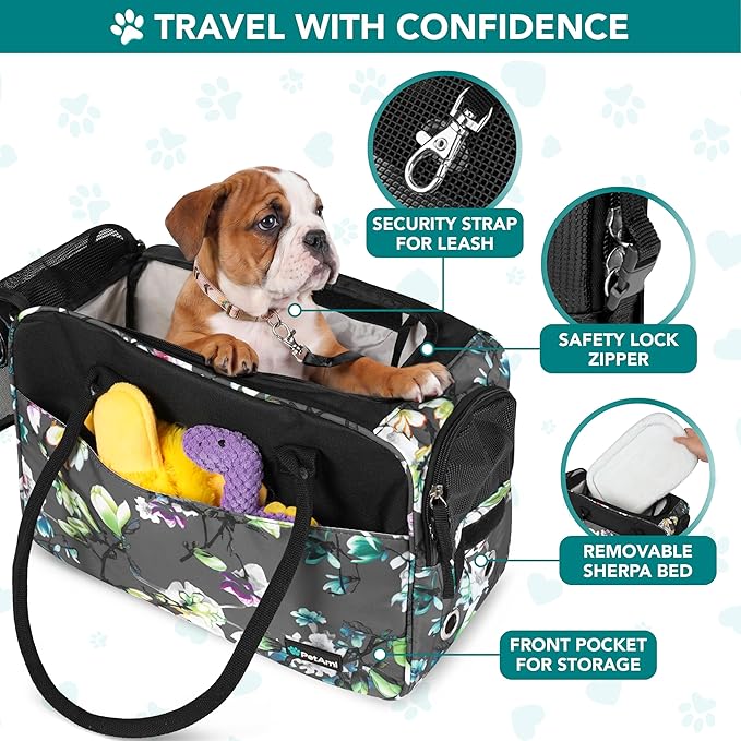 PetAmi Dog Purse Carrier for Small Dogs, Airline Approved Soft Sided Pet Carrier with Pockets, Ventilated Dog Carrying Bag for Puppy Cat, Dog Travel Supplies Bag, Sherpa Bed, Max 12 lbs, Floral Gray