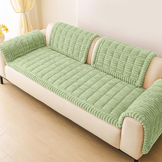 hyha Couch Covers for Dogs Washable, Non Slip Plush Dog Sofa Protectors, Fuzzy Pet Couch Covers for 3 Cushion Sofa Pet Friendly (Green, 27.6" x 27.6")