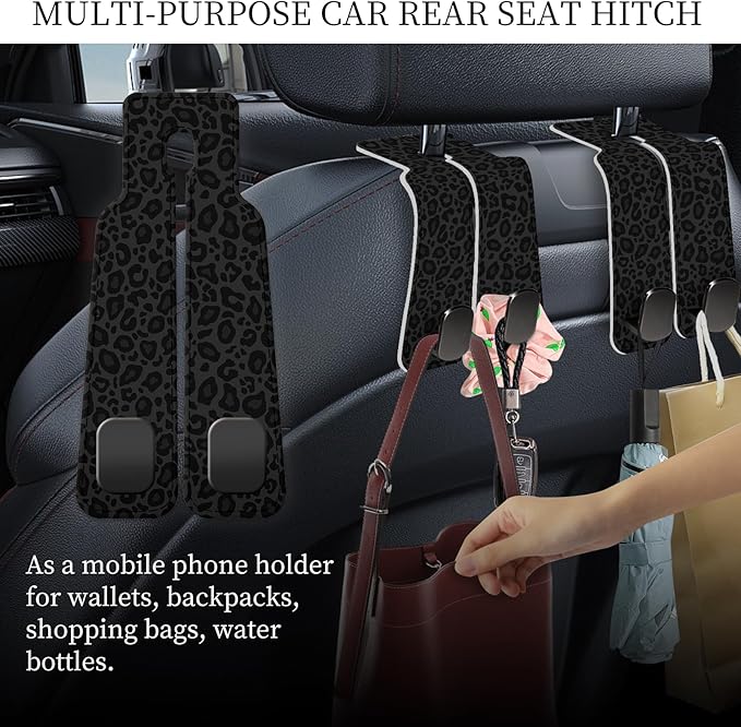 PU Leather Car Seat Hook, Storage Headrest Hanger, Cute Car Backseat Organizer, Car Hooks For Purses and Bags Black Leopard