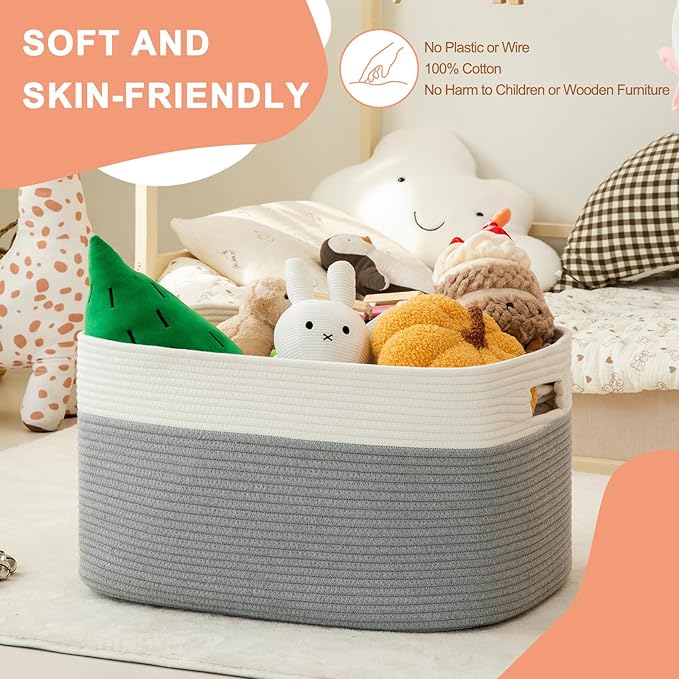 SIXDOVE 75L Large Blanket Basket, Toy Basket Bin for Kids, Cotton Rope Woven Storage Baskets for Living Room, Bedroom, Nursery, Baby Room Decorative Organizer, 22''×17''×12'', Grey and White