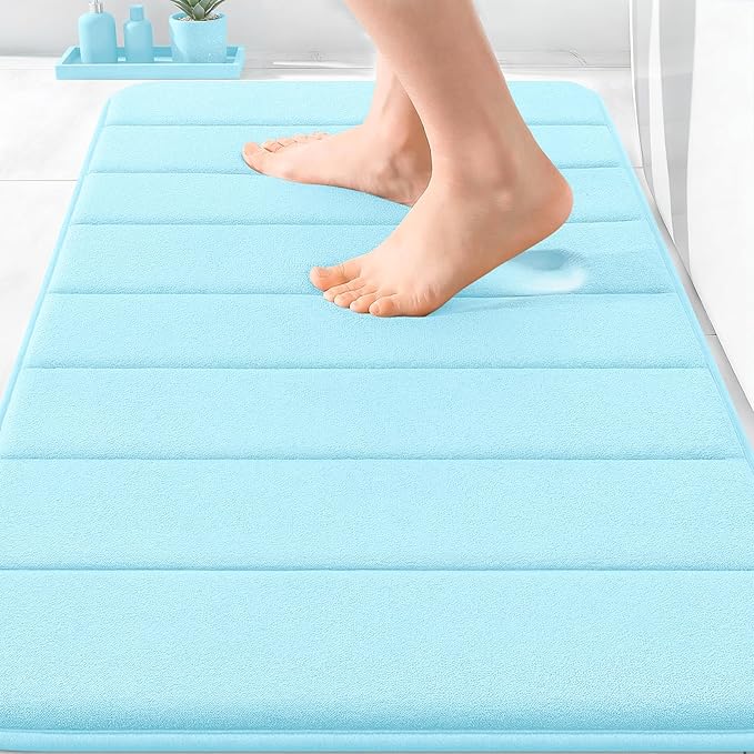 OLANLY Memory Foam Bath Mat 30x20, Super Soft Absorbent Bathroom Rugs, Quick Dry, Machine Washable Shower Floor Rugs, Bathmat Carpet, Bathroom Home Decor Accessories, Sky Blue