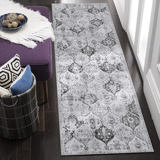 Lahome Moroccan Trellis Washable Runner Rug, 2x6 Kitchen Runners for Hallways 6 Feet Non Slip, Vintage Laundry Room Rug Ultra-Thin Carpet for Bathroom Bedroom Entryway Elise, Silver/Grey