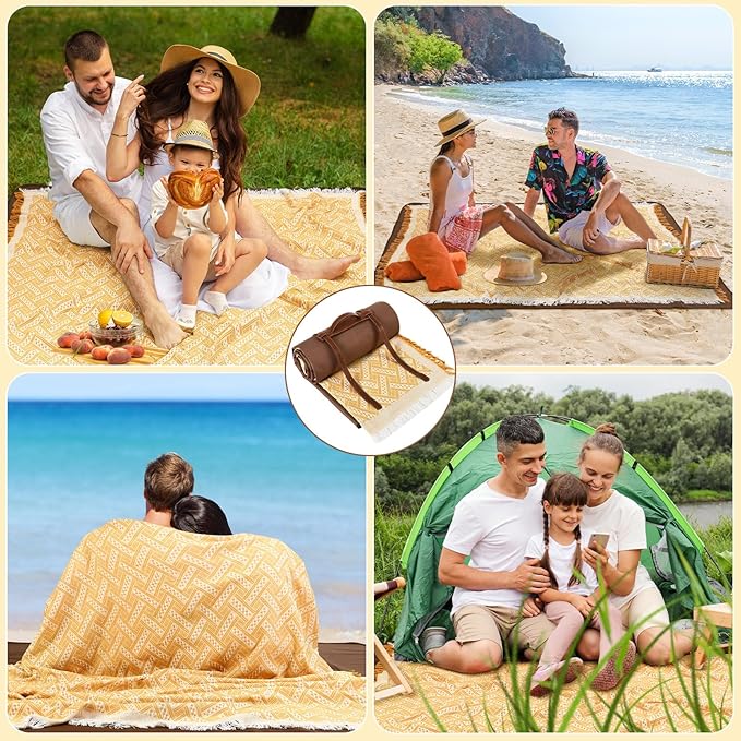VitalCozy Waterproof Picnic Blankets Outdoor Blanket Foldable 2 in 1 Double Layer Sandproof Beach Mat with Carry Strap for Camping Lawn Park Beach Grass (Yellow White)
