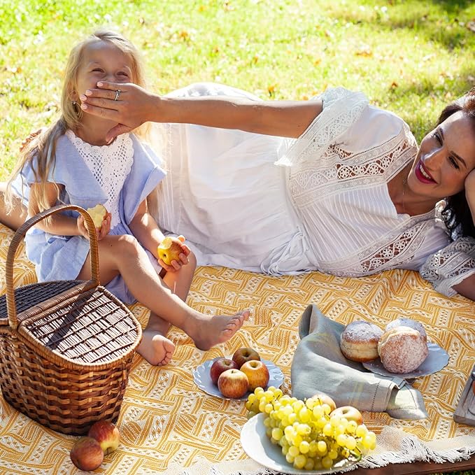VitalCozy Waterproof Picnic Blankets Outdoor Blanket Foldable 2 in 1 Double Layer Sandproof Beach Mat with Carry Strap for Camping Lawn Park Beach Grass (Yellow White)