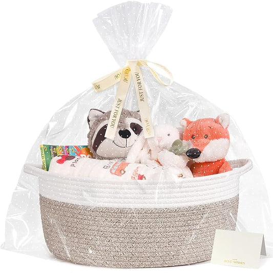 CHICVITA Gift Basket Empty to Fill, Woven Baskets for Storage, Rope Decorative Baskets with Gift Bags & Ribbon for baby girl, Dog Toy Storage, 13.6"x 10" x 6", Brown
