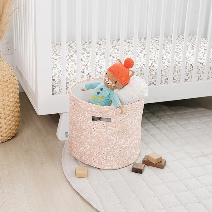 Sorrel + Fern Nursery Storage Basket (Fleurette), Soft Collapsible Fabric Toy Bin, Floral-Inspired Organizer for Playroom or Nursery, Gender-Neutral Decor, 13 × 13 Inches