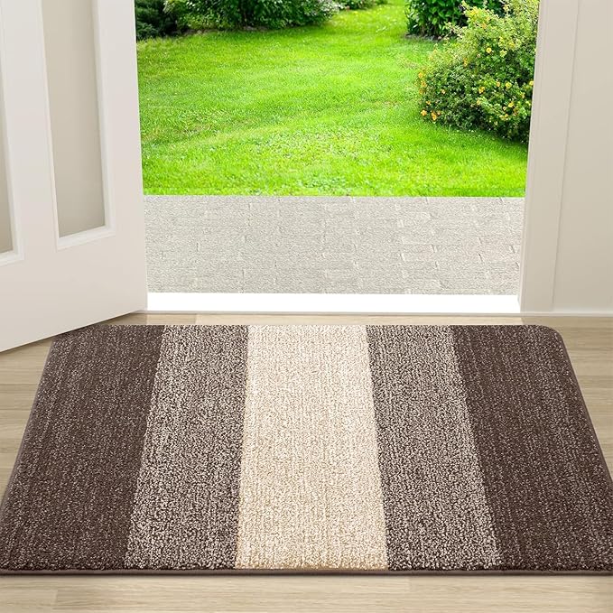 Kitinjoy Indoor Outdoor Door Mat, 30x17 Non-Slip Absorbent Dirt Trapper, Low-Profile Washable Inside Entrance Front Floor Mat, Sturdy Soft Entry Doormats for Entryway, Light Brown