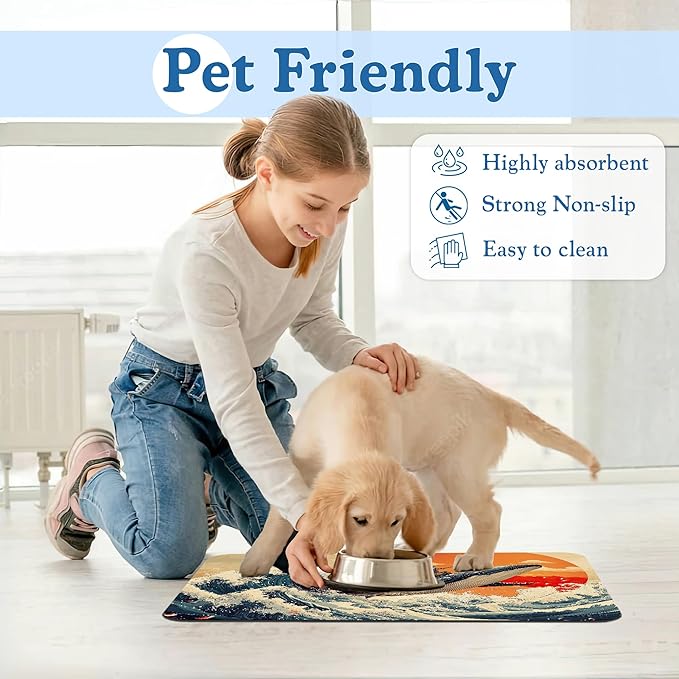 Wave Cat Dog Food Mat,Christmas Stocking Ukiyo-e Whale Absorbent Quick Dry Feeding Placemat for Food and Water Bowls, Non Slip Rubber Backing, Waterproof Pet Supplies for Mess-Free Eating 16"x24"
