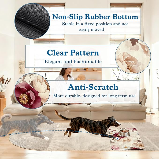 Vintage Floral Rose Pet Feeding Mat–Christmas Stocking Quick Dry Absorbent Dog Cat Food Mat, Non Slip Waterproof Bowl Placemat for Messy Eaters, Pet Accessories for Floors 12"x20"