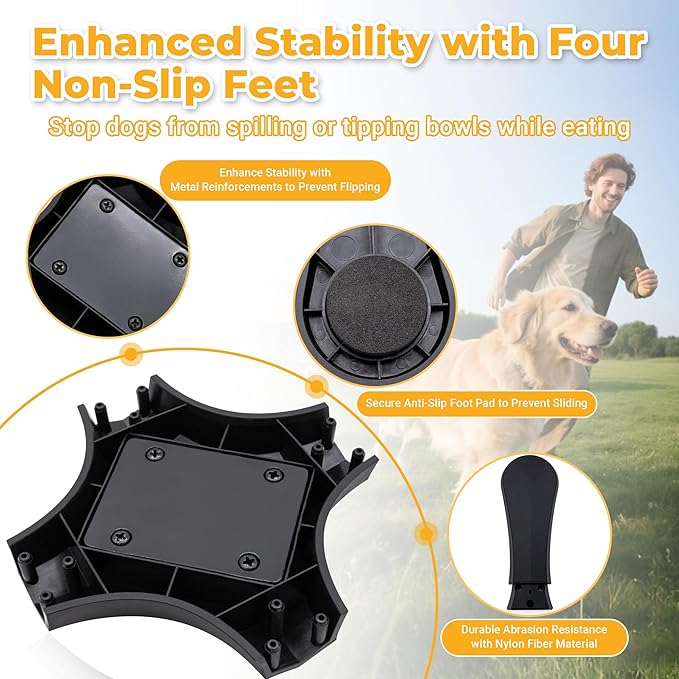 Elevated Slow Feeder Dog Bowl Adjustable Stand,Tilted ABS Base,Fits 5.5-9.5" Bowls, Anti-Spill & Non-Slip, Heavy Duty for Med/Large Dogs(with Stainless Steel Bowls 2 Pack)