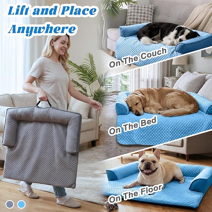 GGIB Cooling Dog Bed Mat with Bolster Pillow Washable Dog Couch Cover Breathable Summer Pet Couch Bed Protector Indoor(Small, Cooling Grey)