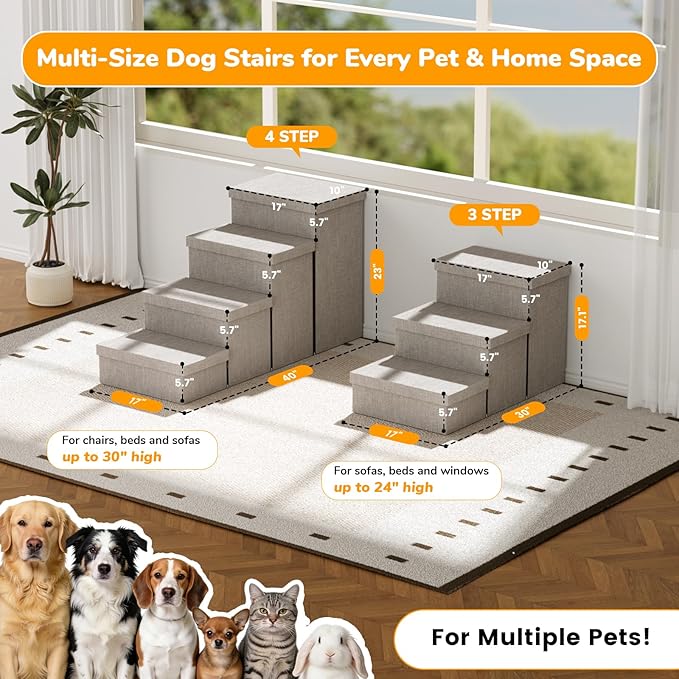 3-Step Wide Dog Stairs with Storage 18" H, Non-Slip Sturdy Pet Steps for High Bed Couch Window, Pet Stairs for Small/Medium/Large Old Dogs Cats Up to 200lbs, Cat Dog Steps for Car/SUV, Grey