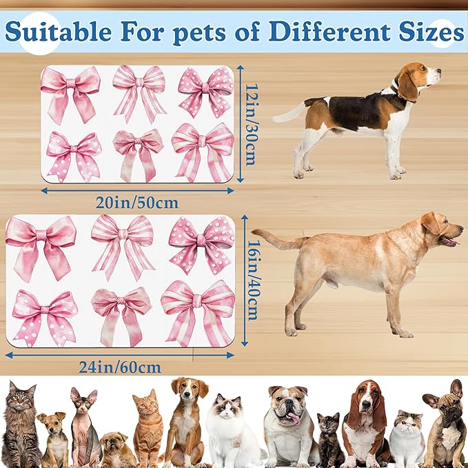Pink Bows Dog Cat Food Mat–Christmas Stocking Absorbent Waterproof Placemat for Food and Water Bowls, Non Slip Rubber Backing, Feeding Mat for Clean Floors 12"x20"