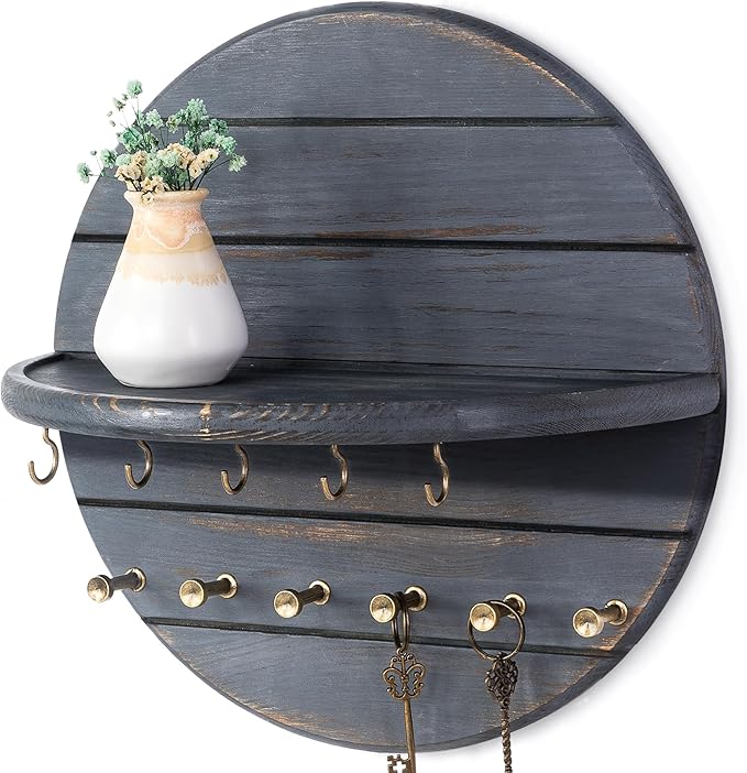 Rebee Vision Pine Wood Rustic Key Holder Wall Mount for Farmhouse Decor – Key and Mail Holder for Wall with Shelf and 11 Hooks – Hanging Mail Organizer for Room Decor Aesthetic (Royal Blue)