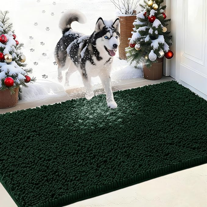 IM HOME Chenille Absorbent Outdoor Doormat 36" x 24", Washable Muddy Door Mats for Dog Non Slip Indoor Doormat Dog Mat for Muddy Paw Front Inside Doormats for Entryway Dark Green