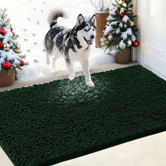 IM HOME Chenille Absorbent Outdoor Doormat 36" x 24", Washable Muddy Door Mats for Dog Non Slip Indoor Doormat Dog Mat for Muddy Paw Front Inside Doormats for Entryway Dark Green