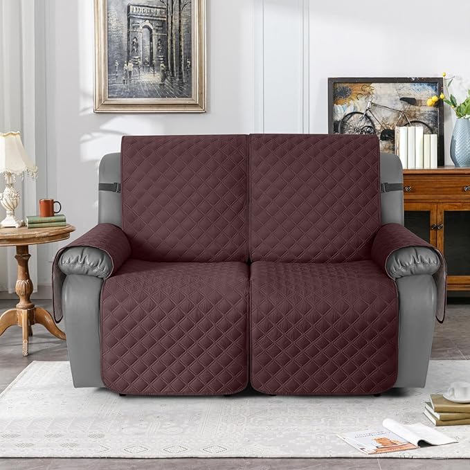 TAOCOCO 100% Waterproof Recliner Couch Covers, Recliner Sofa Covers with Leg Straps, 1-Piece Washable Reclining Sofa Cover with Pocket Couch Protector for Pets Kids(2 Seater, Coffee)