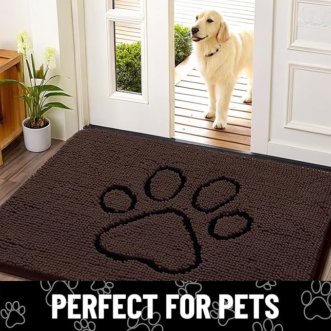 Smiry Dog Door Mat for Muddy Paws, Absorbent Dirt Trapper Non Slip Quick Dry Washable Chenille Mat for Mud Dogs, Entry Rug for Indoor and Outdoor (59x35 Inches, Brown and Black)