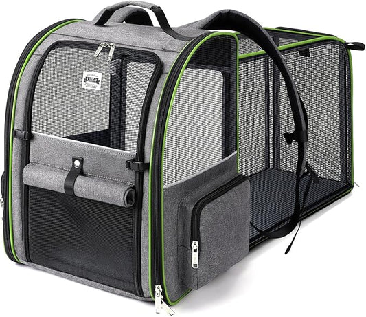 Large Cat Backpack Carrier Expandable Pet Carrier Backpack for Small Dogs Medium Cats Fit Up to 18 Lbs,Dogs Foldable Puppy Backpack Carrier for Travel, Hiking,Grey with Green Edge,L