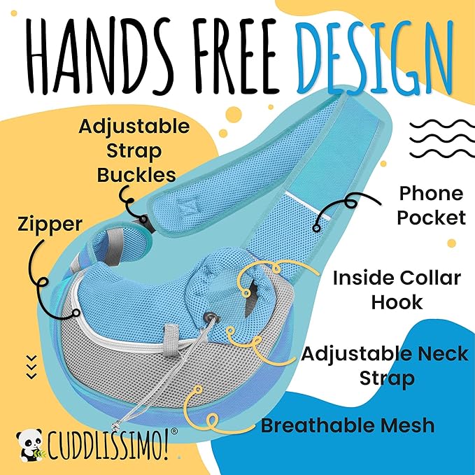 Cuddlissimo! Pet Sling Carrier - Small Dog Puppy Cat Carrying Bag Purse Pouch - For Pooch Doggy Doggie Yorkie Chihuahua Baby Papoose Bjorn - Travel Front Backpack Chest Body Holder Pack To Wear (Blue)