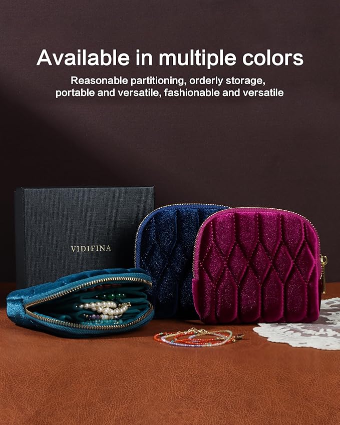 Small Travel Jewelry Case, Mini Travel Jewelry Bag with Zipper, 5-Layer Velvet Organizer Pouch for Bracelet Rings Earrings - Diamond Stitched Velvet Rose Purple