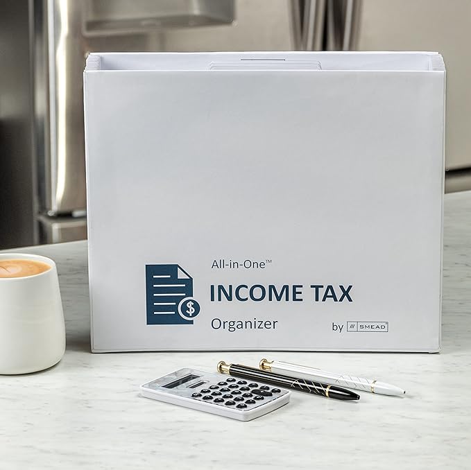 Smead All-in-One Income Tax Organizer, 12 Pockets, Flap and Cord Closure, Letter Size, Navy/White (70660)