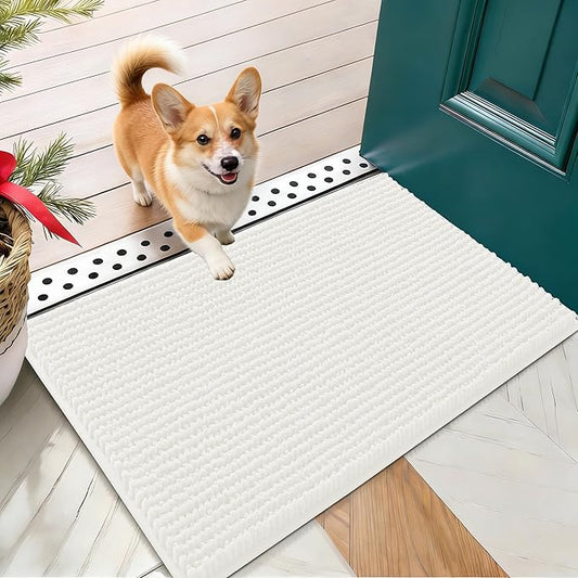 OLANLY Dog Door Mat for Muddy Paws 24x16, Ultra Absorbent Chenille Mud Doormat, Non-Slip Washable and Dirt Trapping Doormat for Indoor Entryway, Quick-Dry Indoor Pet Bed Mats for Dogs, Ivory
