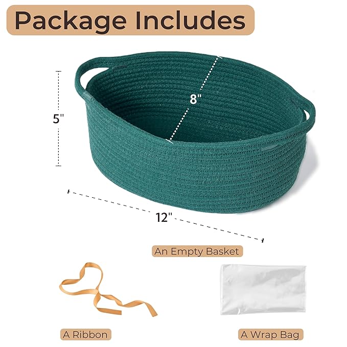 Small Woven Gift Basket Empty with Bag & Ribbon - Gifts for Mom, Baby Shower, Birthdays & Raffle - Cotton Rope Storage Basket for Dog Toys or Shelf - 12"x8"x5", Green