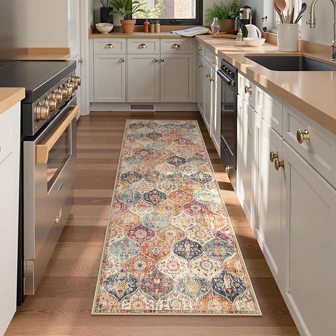 Lahome Moroccan Hallway Runner Rug, 2'5''x8' Ultra-Thin Washable Runners for Hallways Kitchen, Oriental Laundry Room Rug Non-Slip Carpet for Entryway Bedroom Bathroom Elise, Cream/Multi