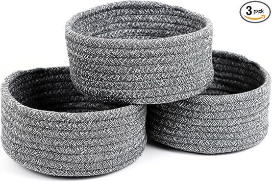 Small Basket, Set of 3 Small Woven Basket, Rope Baskets for Gifts, Cute Mini Tiny Baskets for Organizing Decor Nursery, Decorative Boho Round Storage Basket Bathroom Organization Bin (Grey)