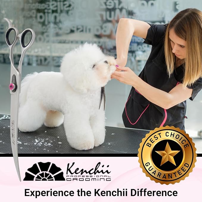 Kenchii Love Left Handed Dog Grooming Scissors, 9 Inch Curved Shears, Dog Scissors for Grooming, Professional Pet Grooming Scissors, Ergonomic & Comfortable