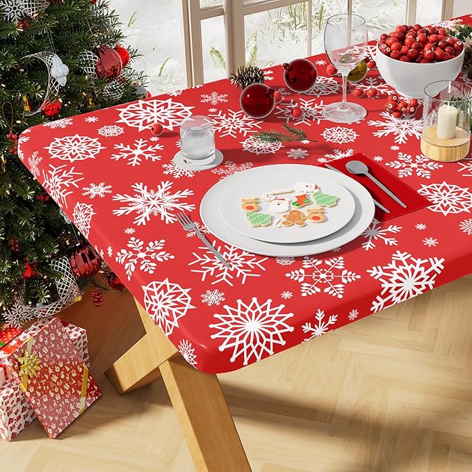 misaya Rectangle Vinyl Tablecloth, Fitted Waterproof Table Cover, Elastic Edge Flannel Backing, Plastic Table Cloth Fit 8 Foot Folding Tables for Christmas Dinner (Red Snowflake, 30x96 inch)