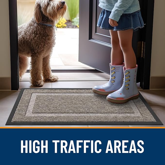 OLANLY Front Door Mat Indoor Outdoor Entrance, Waterproof All-Season, All-Weather Doormat, Sturdy Natural Rubber, Low Profile, Easy Clean Patio Porch Entryway Mat, 47x17, Khaki and White