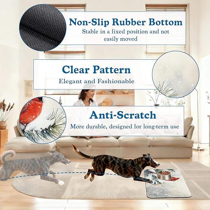 Cardinal Bird Dog Food Mat–Chirstmas Snow Absorbent Quick Dry Feeding Placemat for Food and Water Bowls, Non Slip Rubber Backing, Waterproof Pet Supplies for Mess-Free Eating 12"x20"