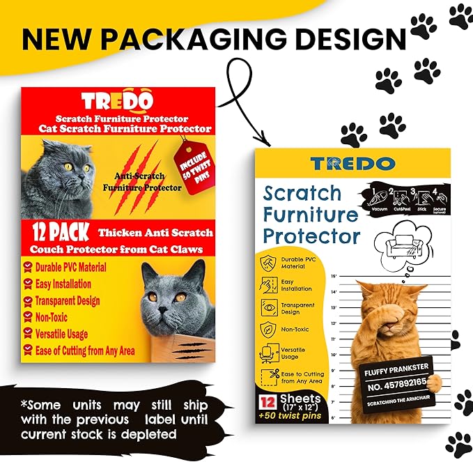 TREDO Anti Cat Scratch Furniture Protector 12-Pack - Large 17"x12" Clear Single Sided Couch Protector with 50 Twist Pins - Easy Install Deterrent for Cats - Protect Furniture, Doors, Walls