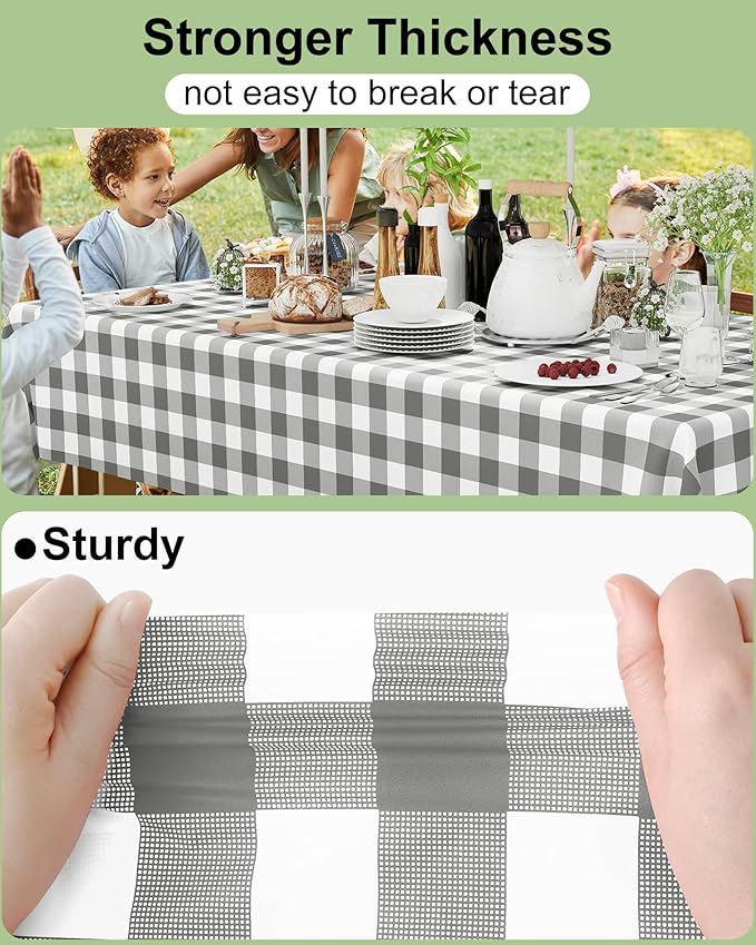 Smiry 12 Packs Gingham Disposable Table Cloth, 54 x 108 Inch Waterproof Plastic Tablecloth, Rectangle Grey and White Checkered Table Covers for Picnic, Birthday, Party