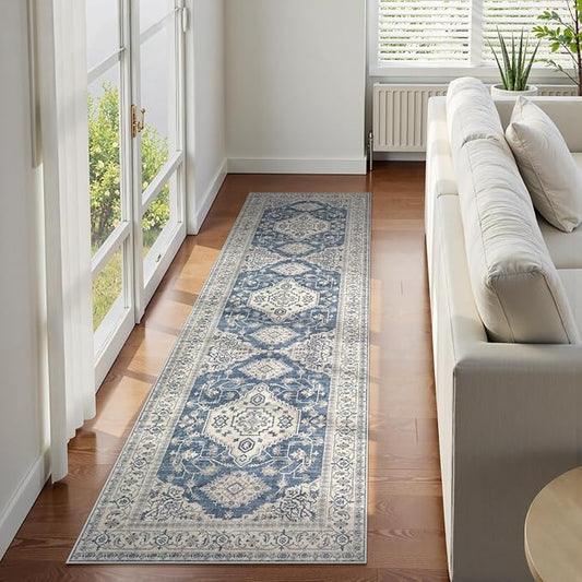 Lahome Oriental Washable Runner Rug Non Slip, 2x7 Rug Runners for Hallways Kitchen, Ultra-Thin Hallway Rugs for Laundry Room Bathroom Bedroom Eleanor, Blue