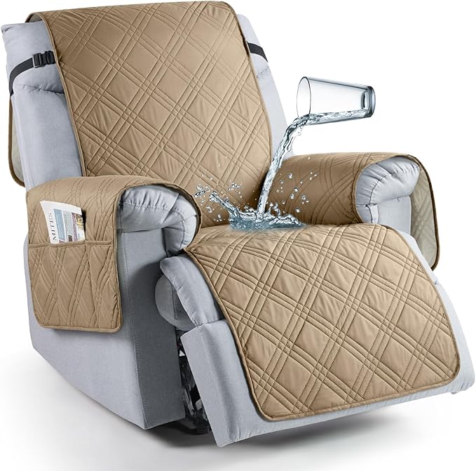 TAOCOCO 100% Waterproof Recliner Chair Covers, Non Slip Recliner Covers for Recliner Chair with Pocket, Washable Reclining Chair Cover Furniture Protector for Kids,Dogs(22'', Camel)