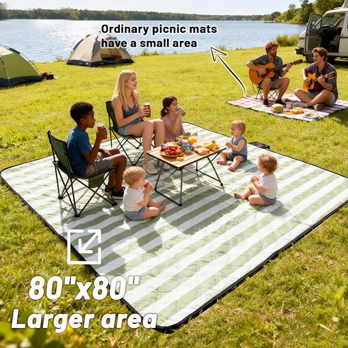 Extra Large Picnic Blanket 80"x80" – Waterproof Sandproof Outdoor Blanket for Beach, Park, Grass, Lawn, Camping, Wedding Registry, Foldable & Portable Mat for Family Picnics and Travel