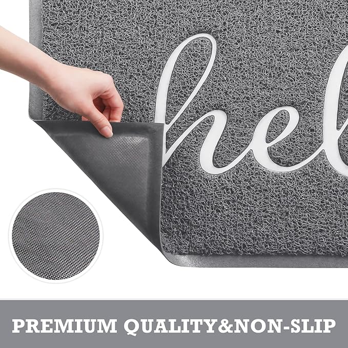 Door Mat Hello Mats Outdoor Indoor Non-Slip Doormat for Entryway Low-Profile Floor Mat for Yard, Garage, High Traffic Areas (36"x24", Grey)