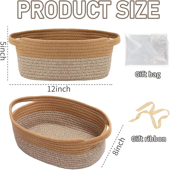JMvicyroam Woven Basket,Small Rope Storage Bin with Handles & Ribbon Bag, Organizer for Shelves Closets,Gift Basket Empty for Birthday,Books,Dog Toys, Jute&Brown/3 Pack