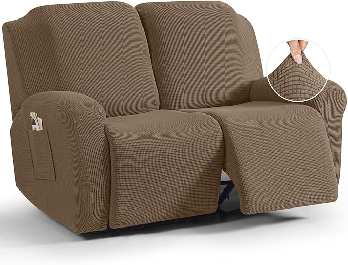 TAOCOCO Recliner Loveseat Slipcover, 6 Pieces Dual Recliner Sofa Covers for 2 Seat Dual Reclining Loveseat Couch, Stretch Soft Jacquard Pattern Furniture Protector with Elasticity (Khaki)