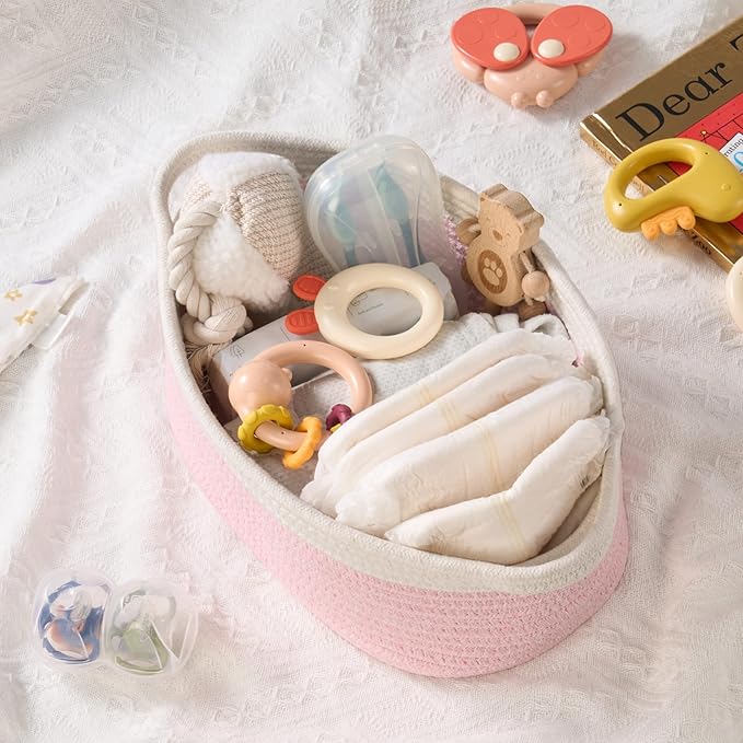 Small Woven Gift Basket Empty with Bag & Ribbon - Gifts for Mom, Baby Shower, Birthdays & Raffle - Cotton Rope Storage Basket for Dog Toys or Shelf - 12"x8"x5", White & Pink