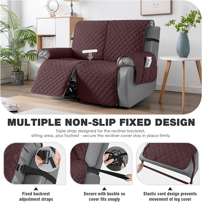 TAOCOCO 100% Waterproof Recliner Couch Covers, Recliner Sofa Covers with Leg Straps, 1-Piece Washable Reclining Sofa Cover with Pocket Couch Protector for Pets Kids(2 Seater, Coffee)